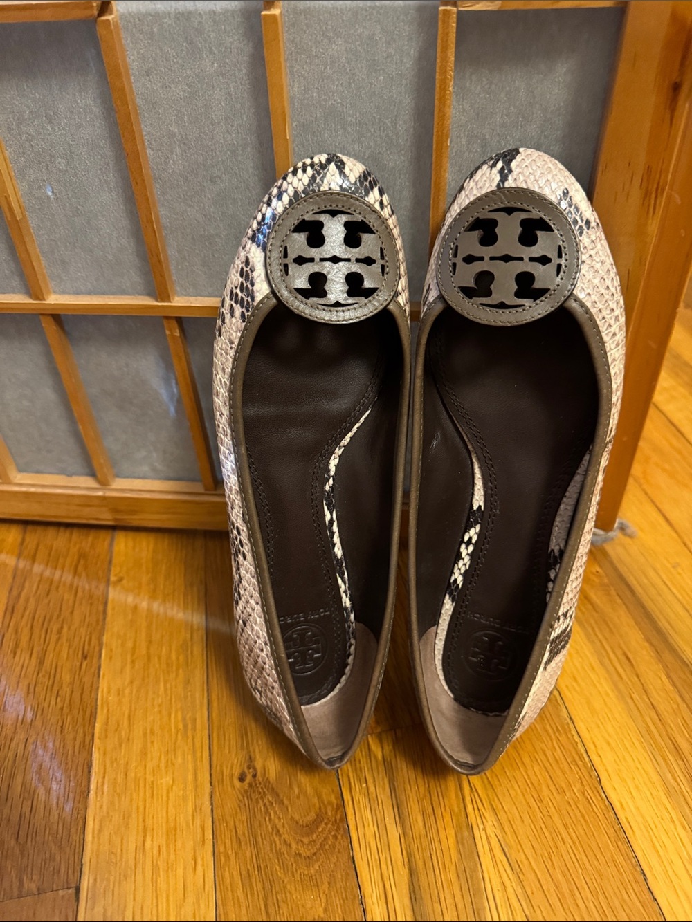 Tory Burch Snake-Print Ballet Flats in Beige and Black with Logo Medallion
